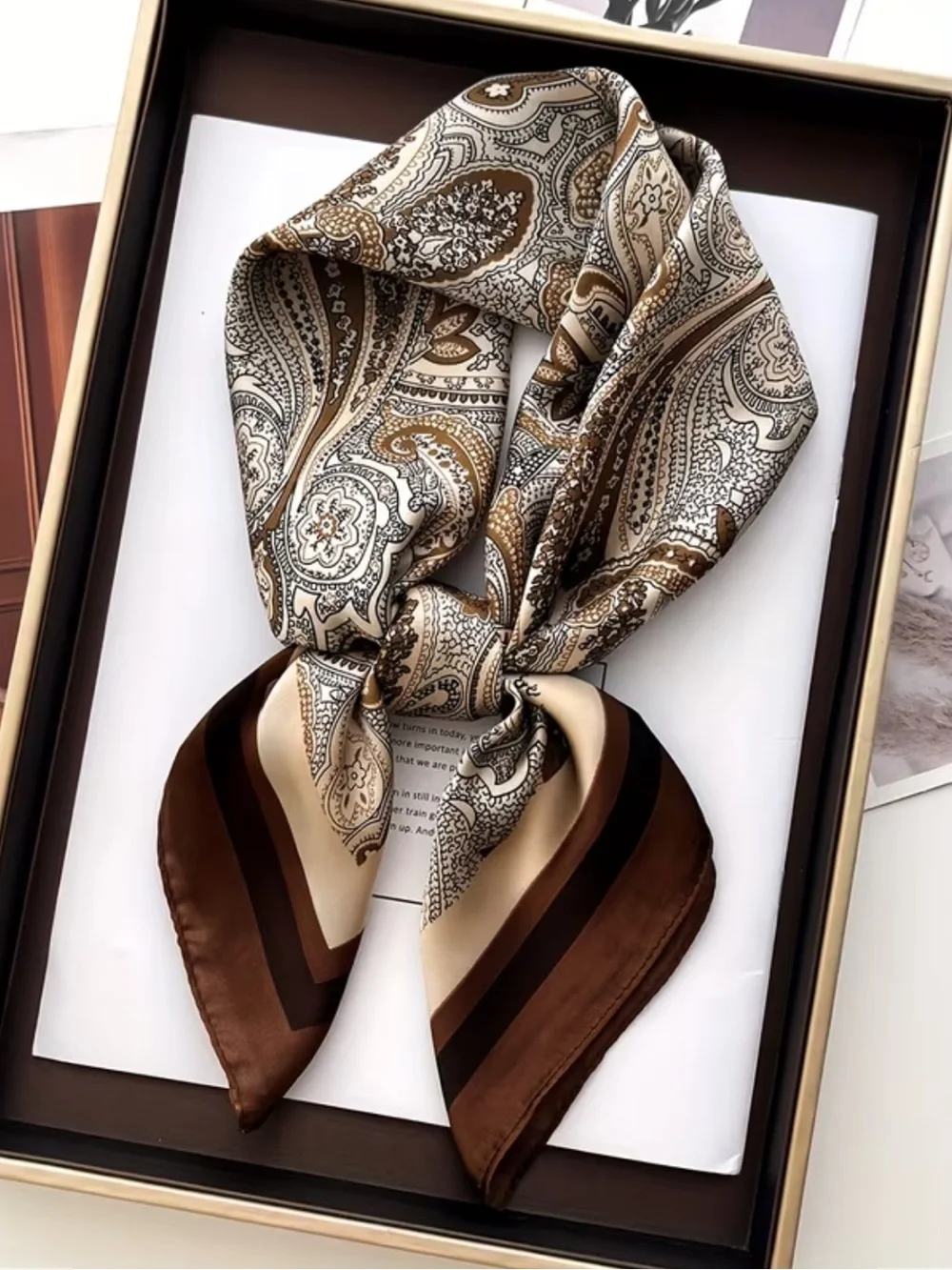 Classic Paisley Silk-Feel Scarf in Coffee and Cream 27.5”